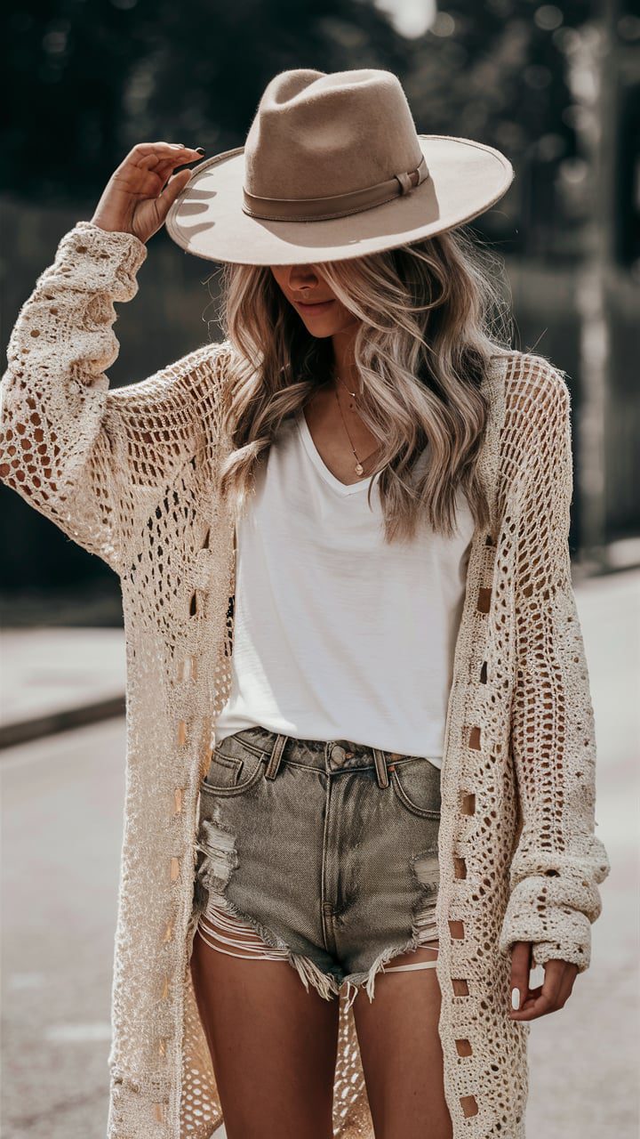 Our model, with her flowing waves peeking from beneath a stylish Boho hat, showcases a perfect blend of comfort and style. The cozy crochet cardigan drapes gracefully over a simple white tee, paired with distressed denim shorts. This ensemble screams boho-chic and is perfect for those warm, sunny days.  