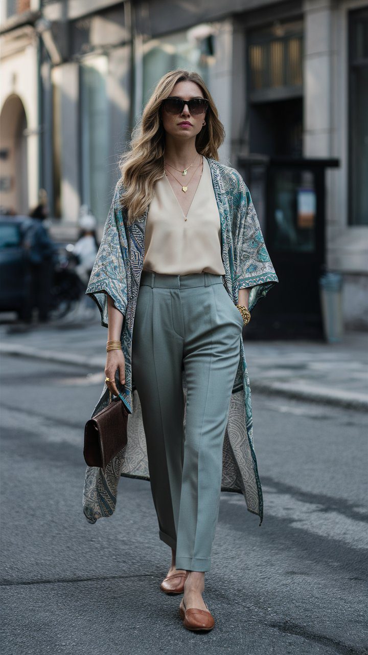 Style your kimono with a fitted blouse and tailored trousers. Accessories: Keepit professional with minimalist jewelry and loafers. Pro Tip: Stick to muted colors and subtle patterns for a sophisticated office look.