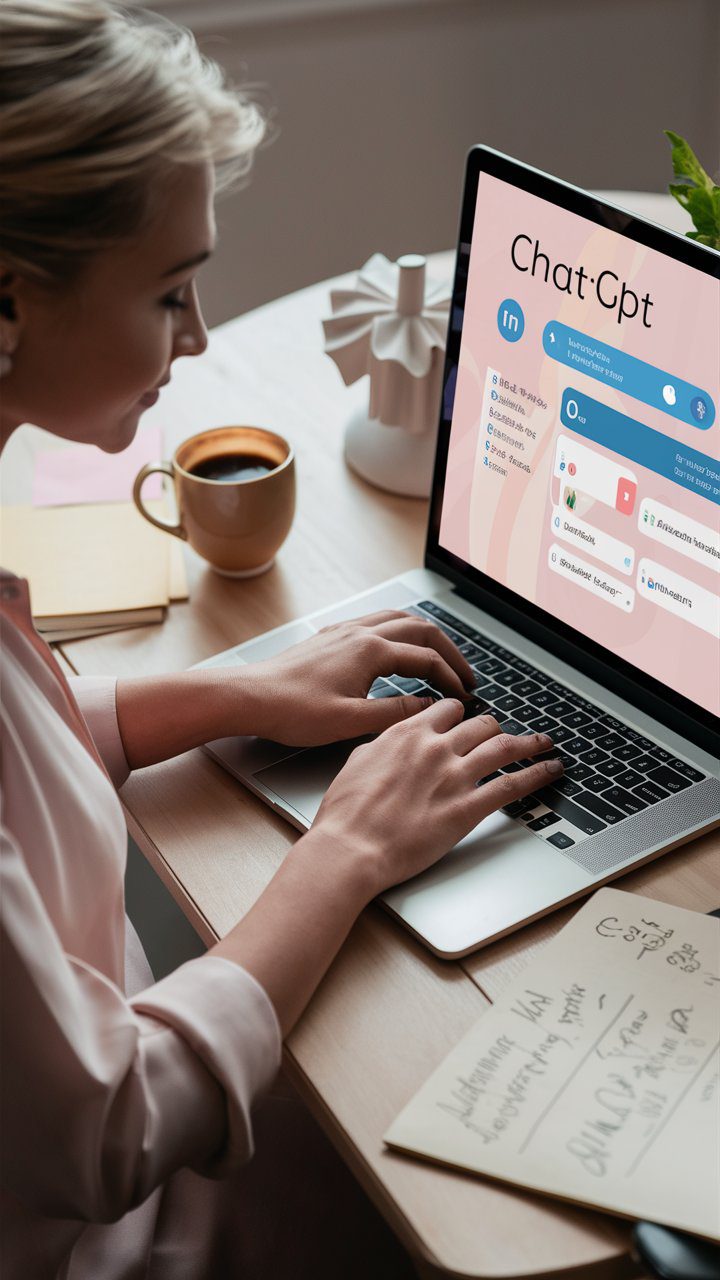 A picture of a woman sitting at a stylish desk, typing on a laptop with notes and a coffee cup nearby. The screen shows the ChatGPT interface, highlighting its use in real-time content creation. This image personalizes the AI tool, showing it in action.