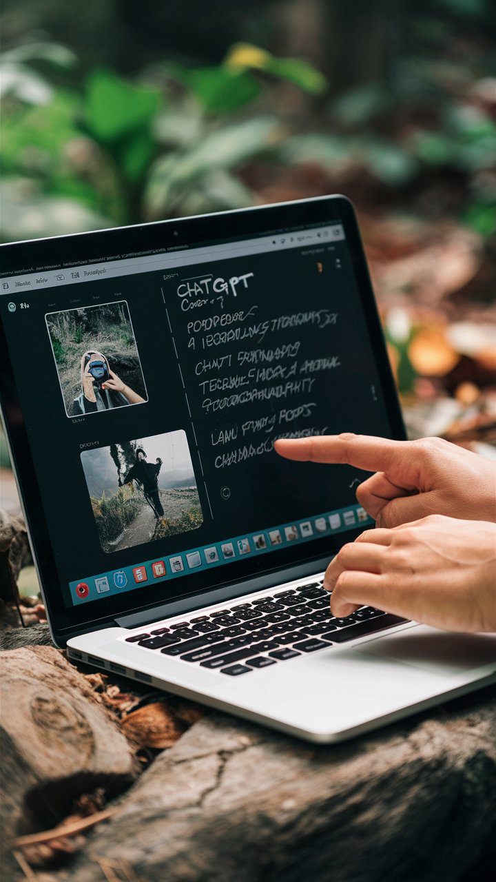 The laptop screen in this outdoor, natural setting visibly interacts with ChatGPT, possibly brainstorming outdoor photography ideas or nature blog posts. The screen serves as a contrast to the natural elements, highlighting how AI technology can be used anywhere.