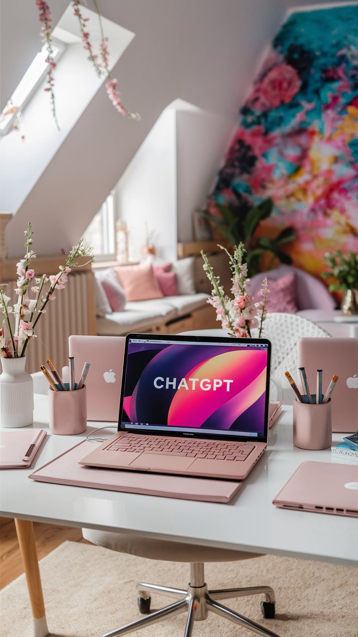 An image of a bright, airy home office space with a feminine touch. This could include elements like a pink or pastel-colored desk setup, floral decorations, inspirational quotes on the wall, and a laptop displaying ChatGPT on the screen. This setting evokes a productive and creative environment where content creation is happening.