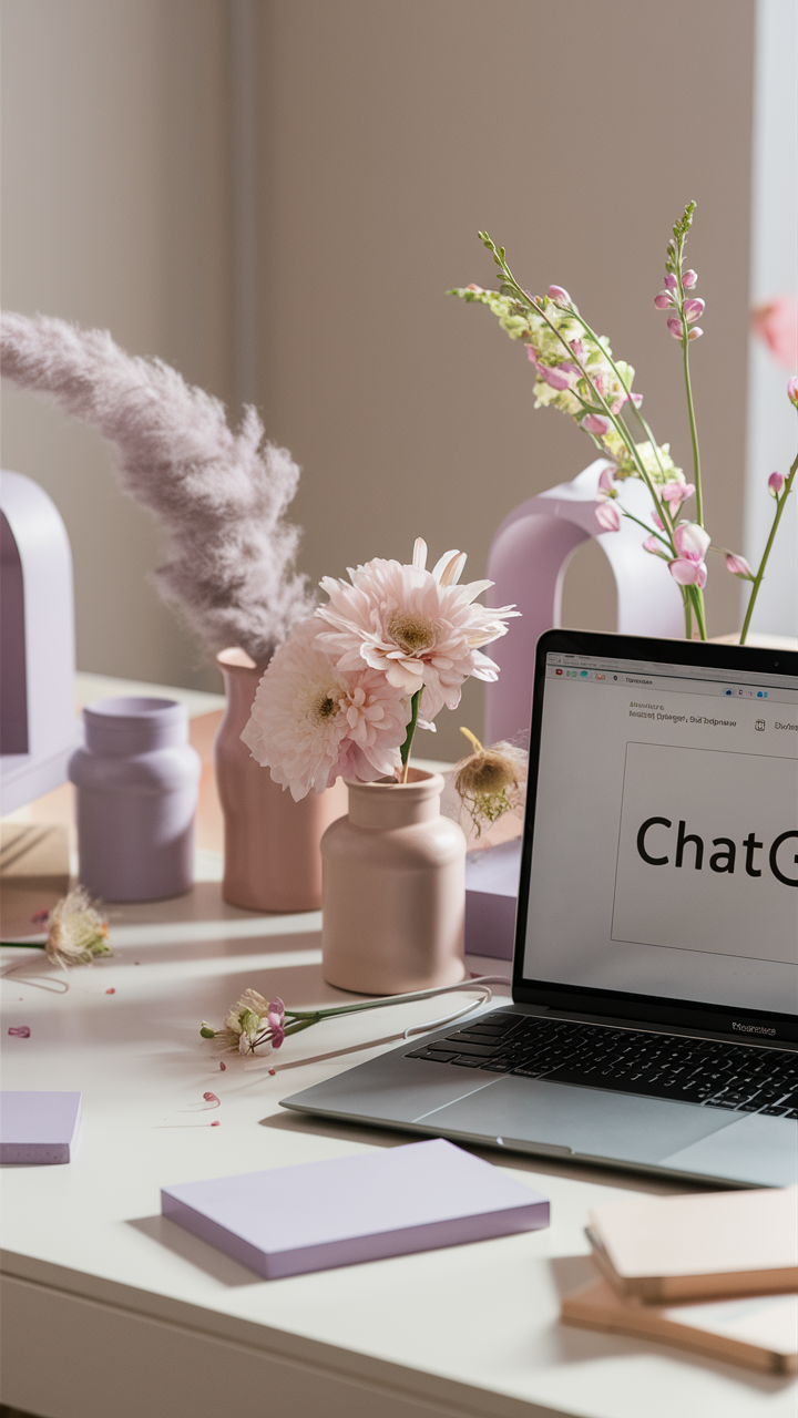 An image showcasing a soft and inviting home office setting with gentle pastel colors. The desk is adorned with light pink or lavender accents, delicate floral arrangements, and a sleek laptop displaying ChatGPT. This environment portrays a serene space ideal for creative pursuits.