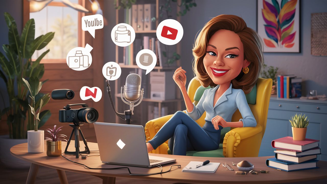 A delightful cartoon illustration: Create a cartoon-style, feminine illustration that depicts a confident, stylish woman in her 40s sitting comfortably in a chic, home office setting. She's surrounded by symbols of various online businesses—such as a laptop, a microphone for podcasting, a video camera and youtube playbutton, and a stack of books. The room radiates a cozy yet vibrant vibe with plants and inspiring art on the walls, reflecting a blend of passion and professionalism. The woman has a look of determination and satisfaction, capturing the essence of starting a new chapter and the potential for entrepreneurial success.