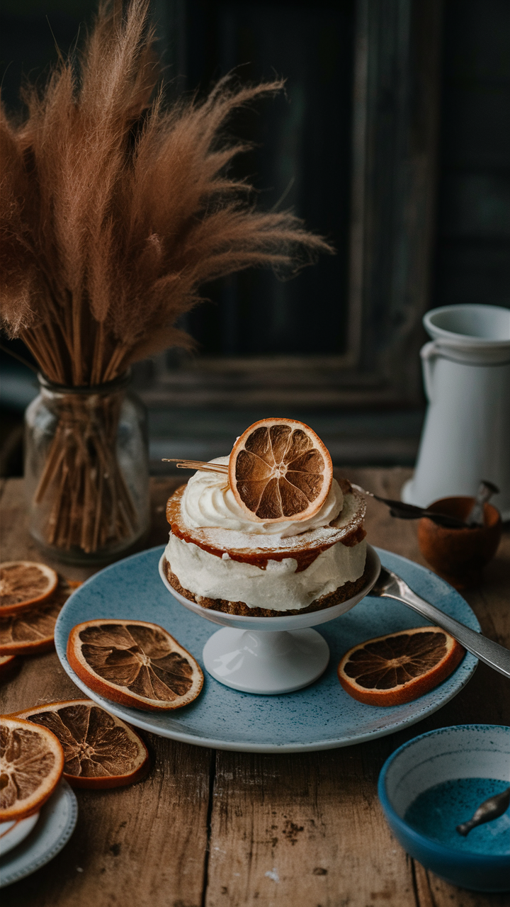 A visually stunning image with rustic elements, soothing color palettes, and a touch of old-world elegance. The space is cozy and nostalgic, with an inviting atmosphere. Use dried orange slices as a garnish for a dessert. Place a slice on top or decorate the dessert edges for a nice look.