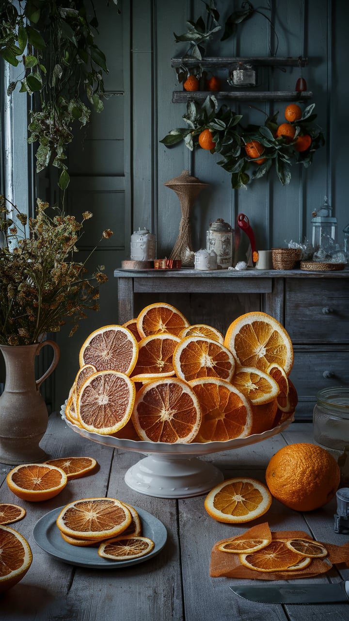 A visually stunning image with rustic elements, soothing color palettes, and a touch of old-world elegance. The space is cozy and nostalgic, with an inviting atmosphere. Use dried orange slices to add texture and contrast to a tiered tray. Mix them with candles, greenery, or small pumpkins. This creates a rustic and organic look, perfect for any season.Embrace the beauty of dried orange slices in your home decor. Use them as a centerpiece, accent, garland, or on a tiered tray. These versatile accents will add charm and elegance to any space.
