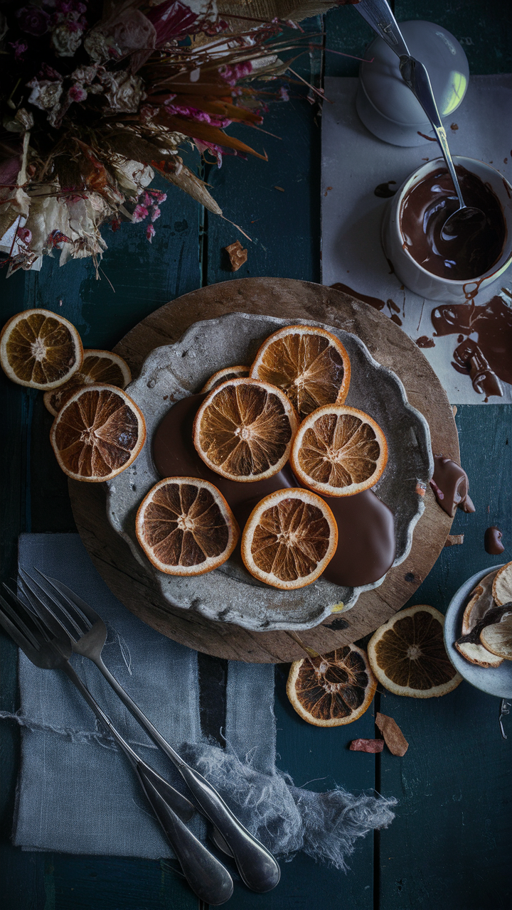 Enjoy dried orange slices by dipping them in chocolate. The sweet chocolate and tangy orange make a delightful mix. Melt your favorite chocolate and dip the slices halfway. Let the chocolate set before you enjoy these treats.