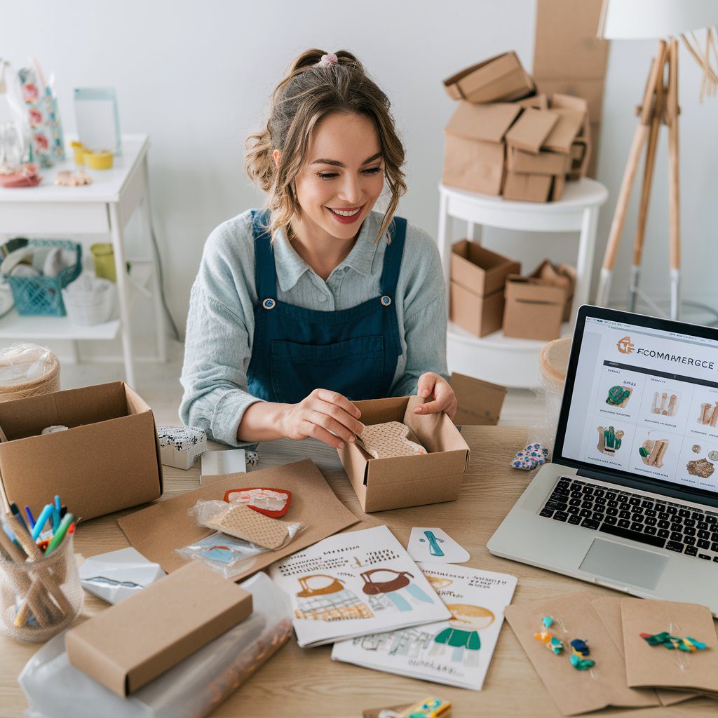 Image Prompt: A creative woman working on her e-commerce business from home, surrounded by her handmade products, packaging materials, and a laptop displaying her online store. The setting is bright and inviting, showcasing a blend of creativity and professionalism.