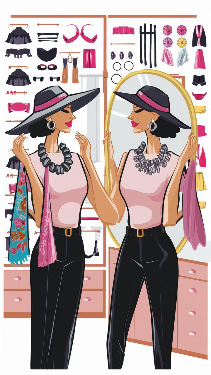 A fashionable modern day woman standing in front of a mirror, trying on different accessories such as a statement necklace, a wide-brimmed hat, and a colorful scarf. Her outfit is simple, but the accessories transform her look, showcasing how versatile accessories can be. The setting is bright and feminine, with a well-organized accessory display in the background.