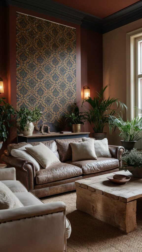 A living room with a striking feature wall painted in a rich, deep color with a geometric pattern. The room is furnished with a mix of classic and rustic styles, including a comfy, weathered leather sofa with soft, neutral-toned throw pillows. Natural wood coffee table and potted plants enhance the inviting atmosphere, while soft, ambient lighting adds to the old-world elegance.