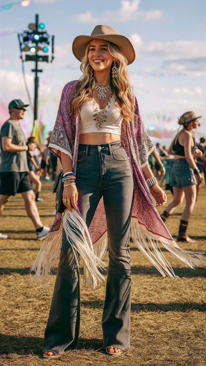 festival boho kimono cardigan with wide brimmed hat, jewelry, bracelets, jeans