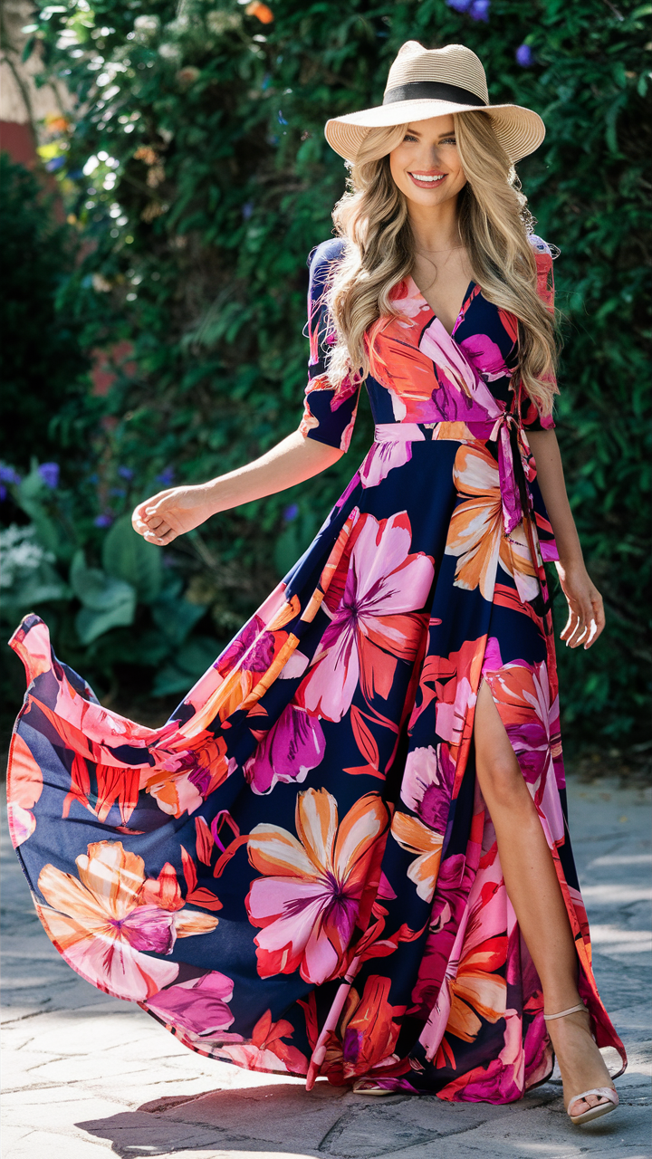 this vibrant floral maxi dress, with its eye-catching mix of bold pinks, oranges, and purples on a deep navy background. The dress flows elegantly to the floor, featuring a wrap style that cinches at the waist to accentuate your figure. A high slit adds a touch of allure, allowing for effortless movement and a glimpse of your favorite heels.The woman in the dress has long, wavy blonde hair cascading down her back, complementing the playful, summery vibe of the outfit. She completes the look with a stylish sun hat, providing the perfect blend of glamour and practicality. Whether she's strolling through a garden or attending a summer soiree, this dress makes a statement of confident femininity and joyful elegance.