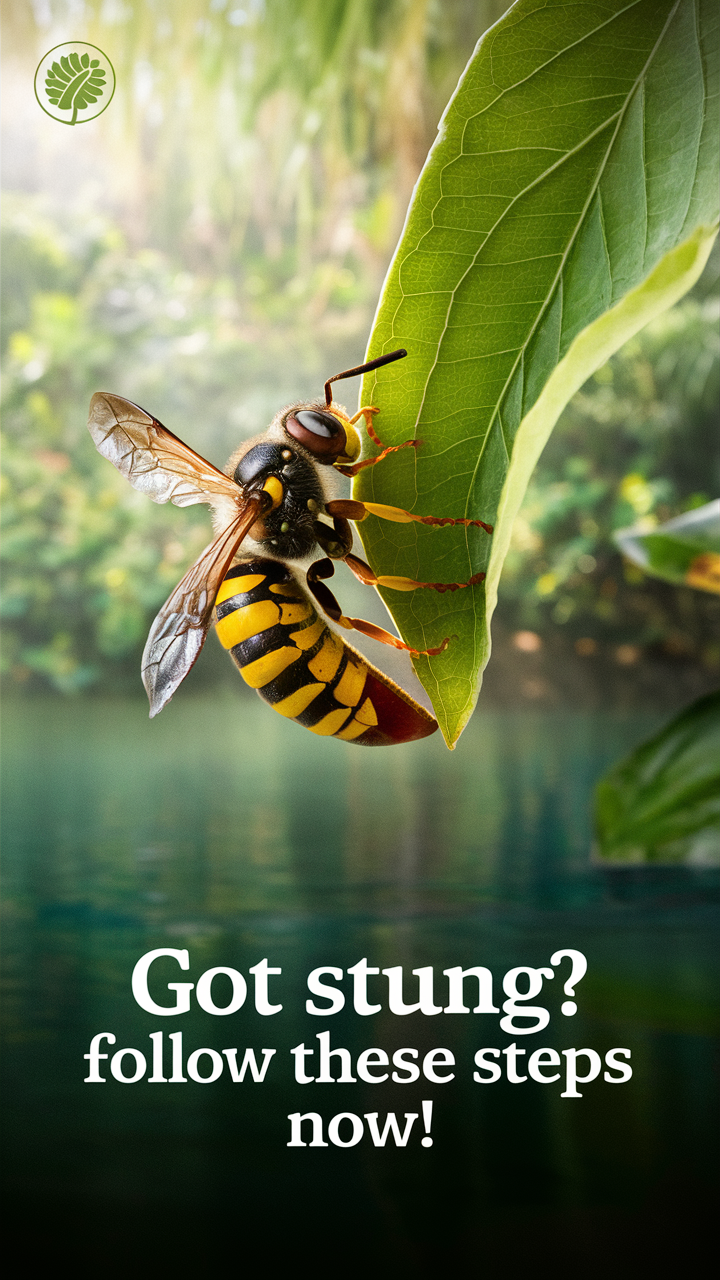 A visually appealing image featuring a wasp stinging a leaf, with a serene background of lush greenery. The text overlay reads, "Got Stung? Follow These Steps Now!" The image is informative and engaging, providing a visual cue for people who may have experienced a wasp sting. The overall tone of the image is calm and helpful.