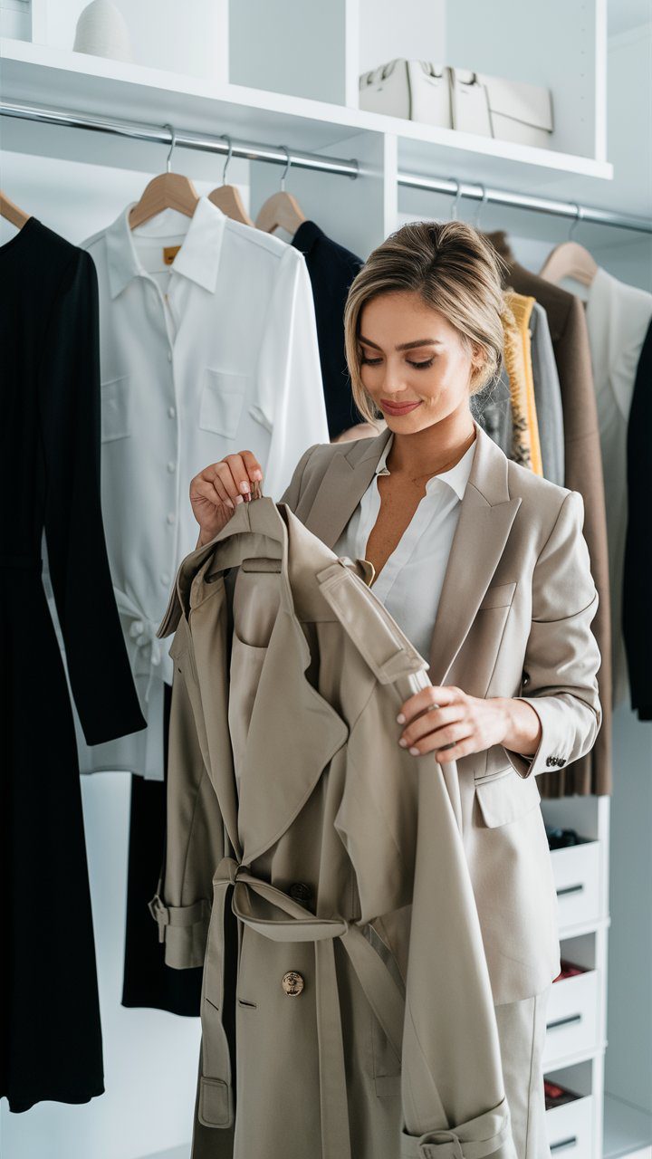 A stylish woman in a well-organized, modern closet, showcasing timeless pieces like a little black dress, a white button-down shirt, and a tailored blazer. She is thoughtfully holding up a classic trench coat, with other timeless items neatly displayed around her. The setting is bright and sophisticated, emphasizing a chic and functional fashion space.