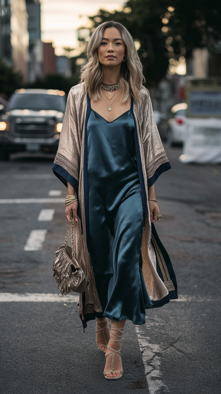 Scenario: A night out or a casual dinner date.Outfit: Drape your kimono over a slip dress and strappy sandals.Accessories: A clutch bag and layered necklaces will add some sparkle.Pro Tip: A kimono with metallic accents can enhance your evening ensemble.