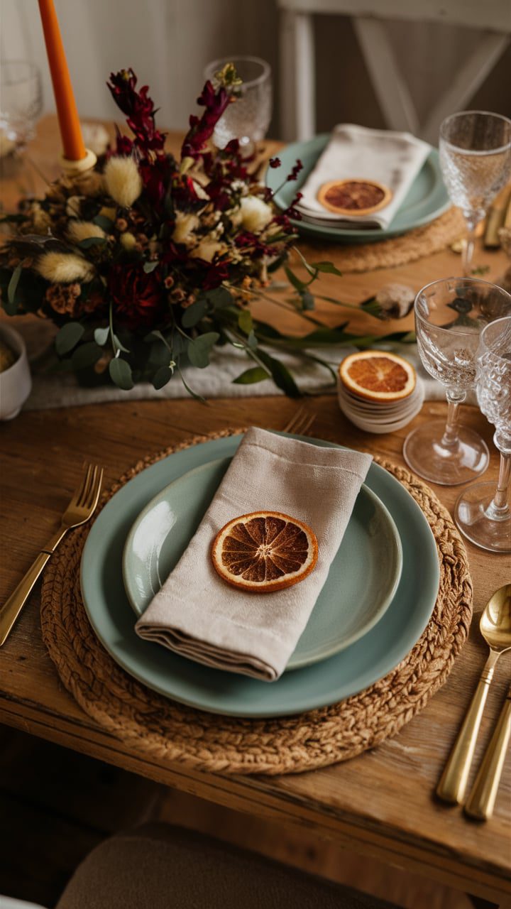 A single dried orange slice can be a beautiful accent for each place setting. Place one on each plate or napkin for elegance and natural beauty. This small detail will make a big difference.