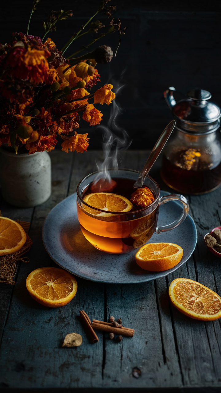 A visually stunning image with rustic elements, soothing color palettes, and a touch of old-world elegance. The space is cozy and nostalgic, with an inviting atmosphere. Steep a few slices in hot water or black tea for a fragrant drink. Add spices like cinnamon and cloves for a spiced orange beverage.