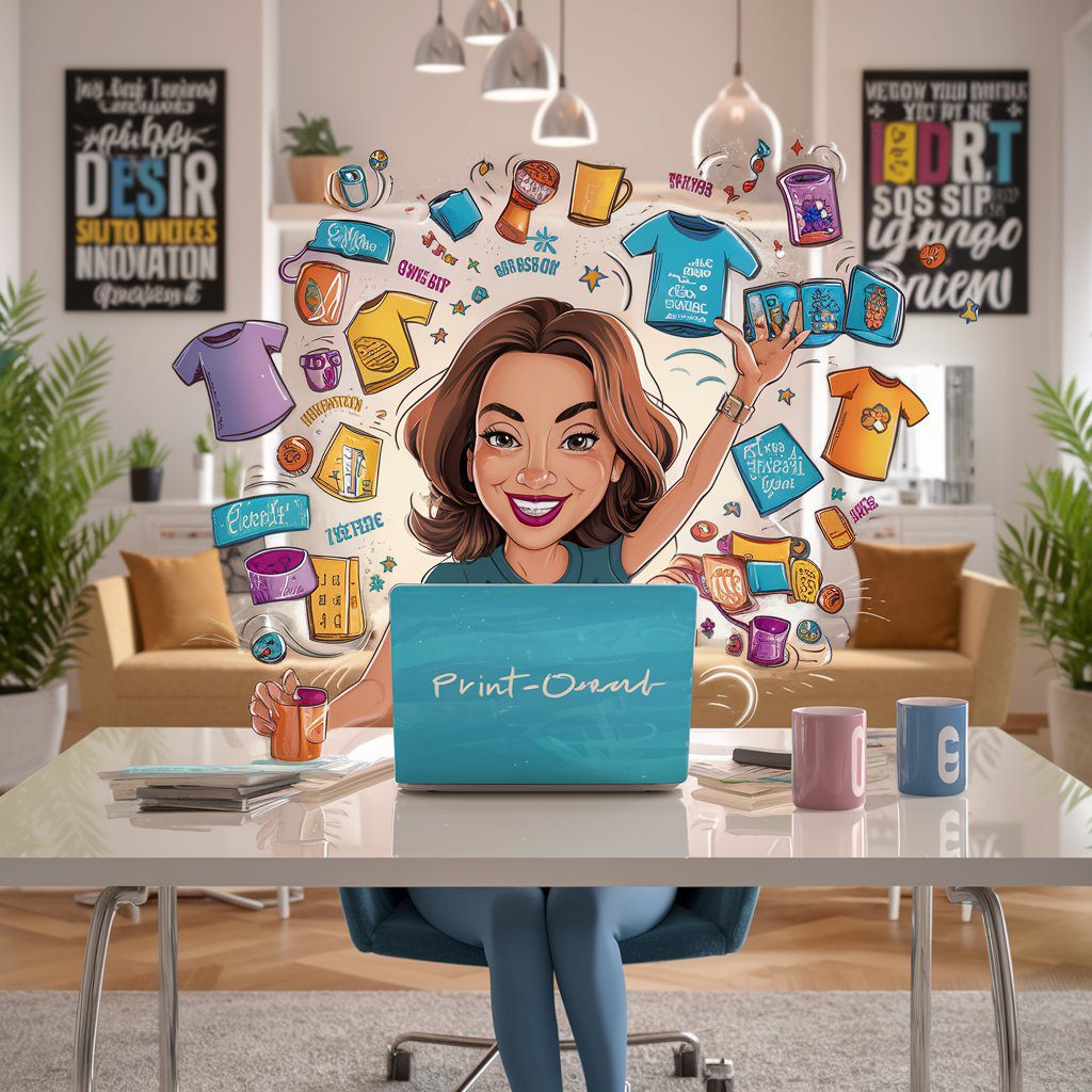 A delightful cartoon illustration: A creative woman designing print-on-demand products on her laptop, with sample items like custom t-shirts and mugs displayed on her desk. The setting is a bright, modern home office with a focus on creativity and entrepreneurship.