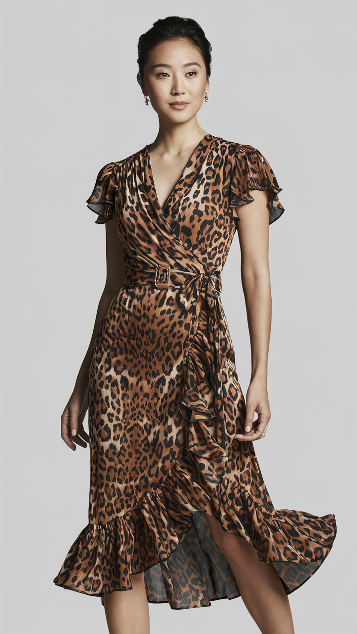 A stunning portrait of an Asian woman exuding confidence and elegance. She is dressed in a chic leopard print wrap dress, featuring a flattering V-neckline, short ruffled sleeves, and a belted waist that accentuates her curves. The knee-length hemline is adorned with ruffles that add a playful touch, creating a dynamic and sophisticated silhouette. The wrap style and ruffle details come together to form a versatile and stylish ensemble, suitable for a variety of occasions.