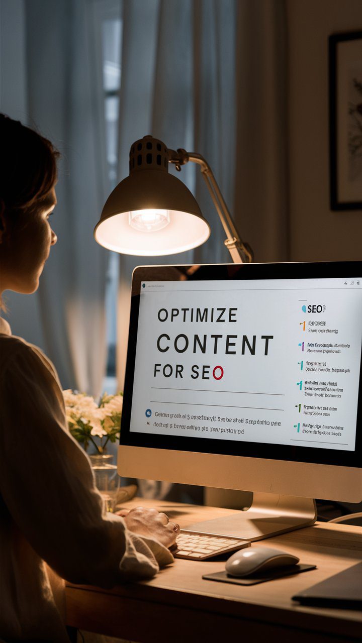 The woman's computer screen, gently illuminated by a desk lamp and surrounded by soft decor, shows ChatGPT helping optimize content for SEO. The display might include SEO keywords and strategies generated by ChatGPT, subtly blending into the elegant workspace.