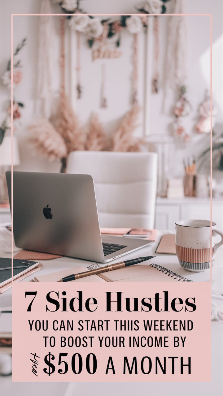 soft and feminine with a bold text overlay, consider the following visual concept:Background: A soft-focus image of a cozy, well-lit home office space. The office is decorated in pastel colors with hints of floral decor and natural elements like a small indoor plant or flowers, creating a serene and inviting atmosphere.Main Visual Elements: Include a sleek, modern laptop open on a desk, surrounded by stylish stationery, a trendy mug of coffee or tea, and a notebook with a stylish pen resting on it. This setup reflects a productive yet tranquil work environment.Text Overlay: In the foreground, overlay the text "7 Side Hustles You Can Start This Weekend to Boost Your Income by $500 a Month" in bold, eye-catching typography. Choose a font that balances femininity with assertiveness, such as a bold serif or a clean sans-serif with substantial weight.Image Style: Ensure the image has a soft filter for a dreamy, approachable look, but keep the text sharp and prominent to draw attention and convey the message clearly.Aspect Ratio: Design the image in a 9:16 format, making it ideal for platforms like Pinterest or Instagram Stories, where vertical images perform best.