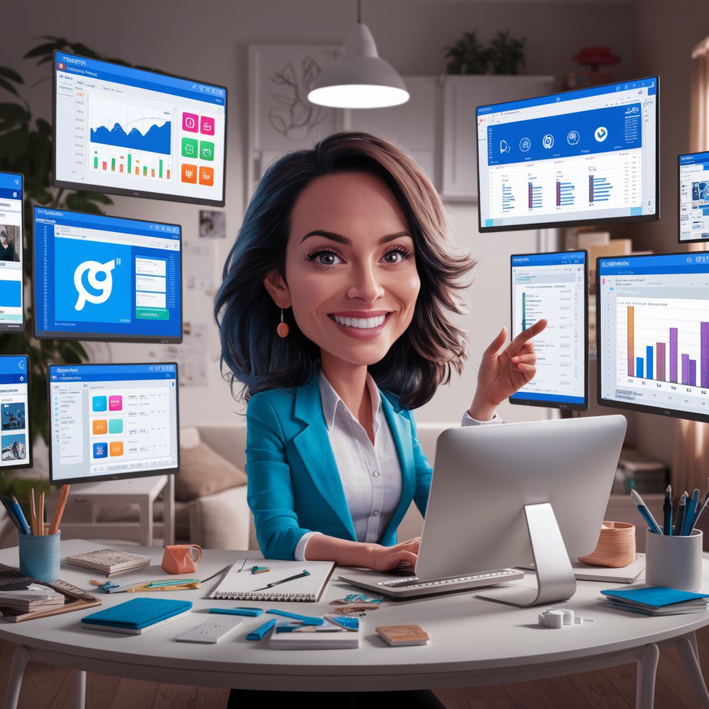 A delightful cartoon illustration:A dynamic woman working on her social media management business from a bright, modern home office, surrounded by multiple screens showing various social media platforms and analytics tools. The setting is organized and professional, with elements of creativity and tech-savvy.