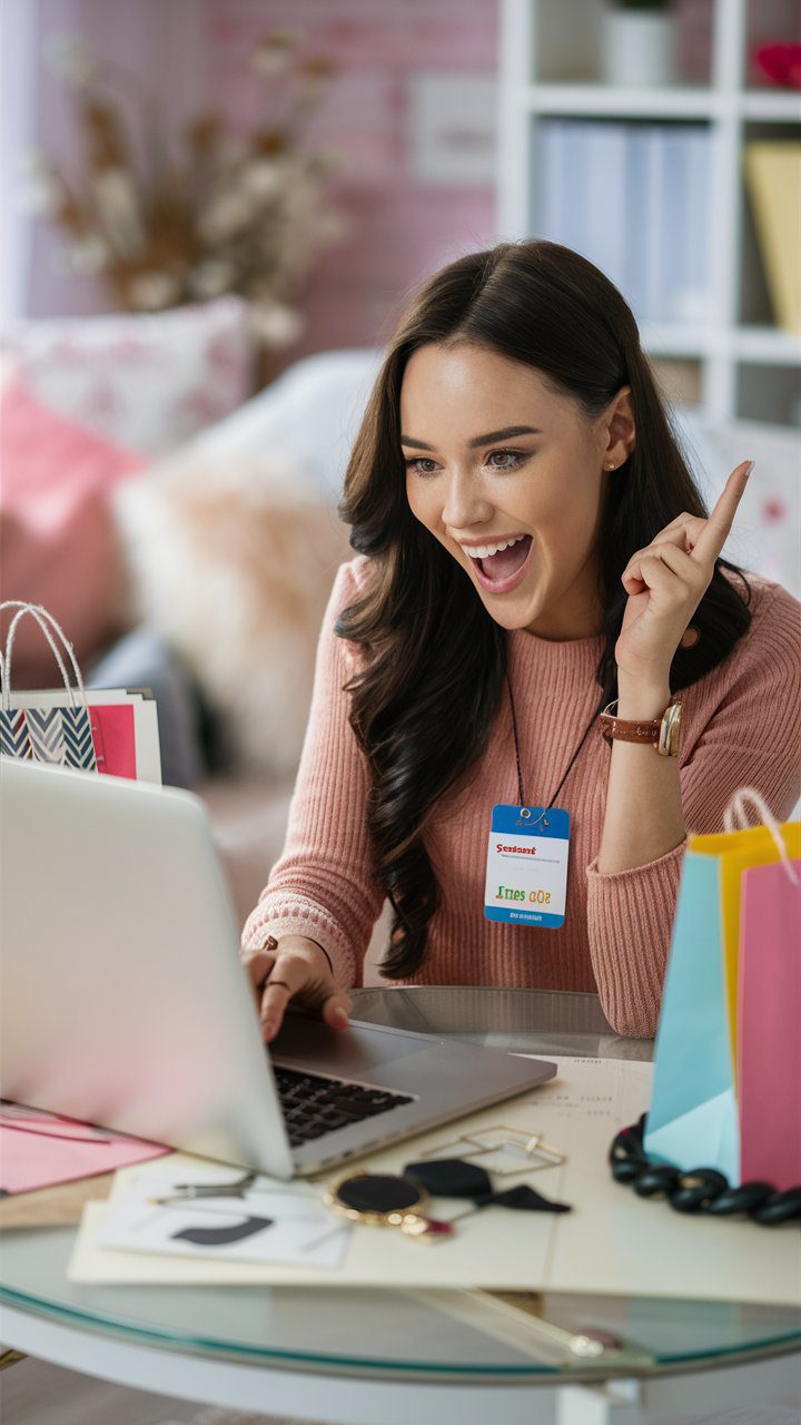 A stylish young woman sitting at her laptop in a cozy, well-decorated room, excitedly browsing online fashion stores. She has a student ID card and is using it to access discounts on websites. The setting includes a bright, feminine atmosphere with hints of trendy fashion items around her, like shopping bags and accessories.