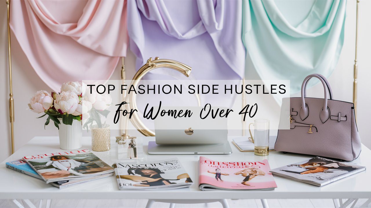 A soft, pastel-hued backdrop that gives a serene and inviting vibe. Think of using shades like blush pink, soft lavender, or mint green. Feature elegant and stylish items such as a chic desk setup with fashion magazines, a sleek laptop, a designer handbag, and a vase of fresh peonies or roses placed artistically. This setup represents a stylish workspace or home office. Text Overlay:"Top Fashion Side Hustles for women Over 40" .The overall image should be bright and airy, with a focus on clean lines and an organized layout that attracts the eye and reflects a sense of calm and creativity.
