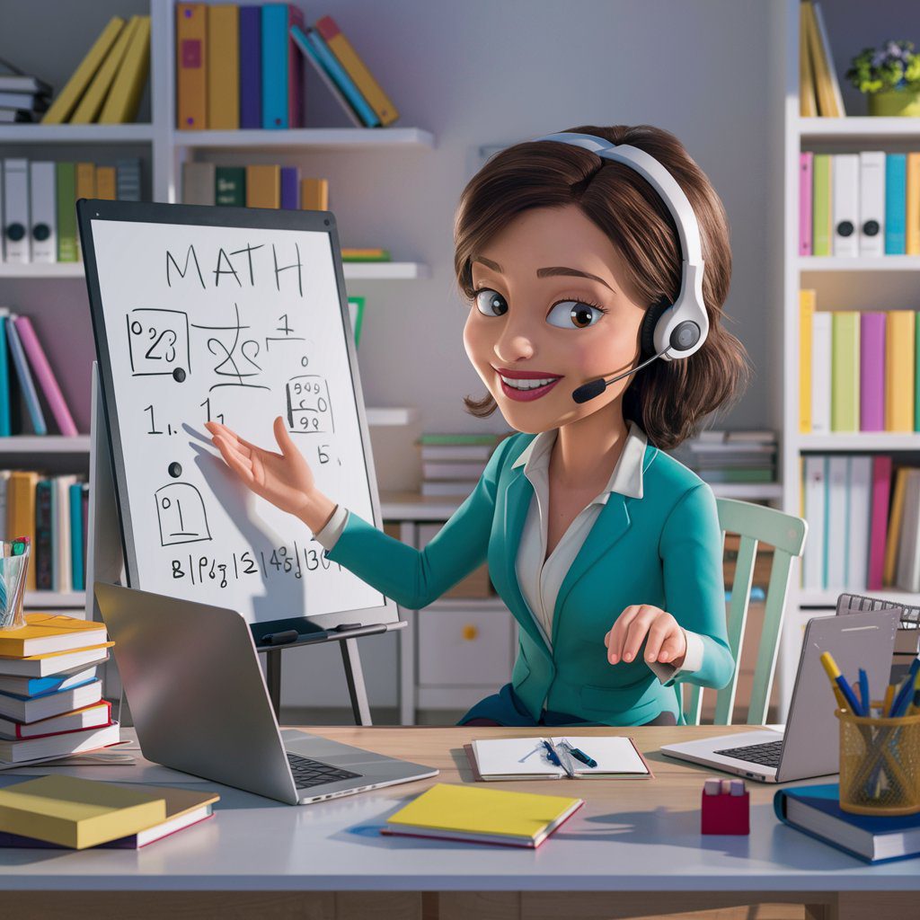 A delightful cartoon illustration: An experienced woman conducting an online tutoring session from a well-organized home office, explaining a math concept on a digital whiteboard with a laptop and headset. The setting is bright and educational, with books and learning materials visible in the background.