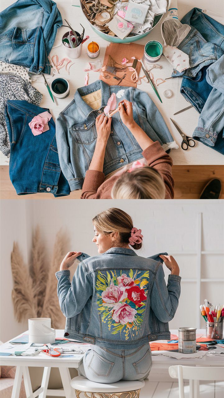 A creative woman sitting at a crafting table, surrounded by old clothes, fabric paint, scissors, and sewing supplies. She’s in the process of upcycling a denim jacket, painting a vibrant floral design on the back. The setting is bright and inviting, with a cozy, feminine atmosphere that highlights the joy of DIY fashion projects.