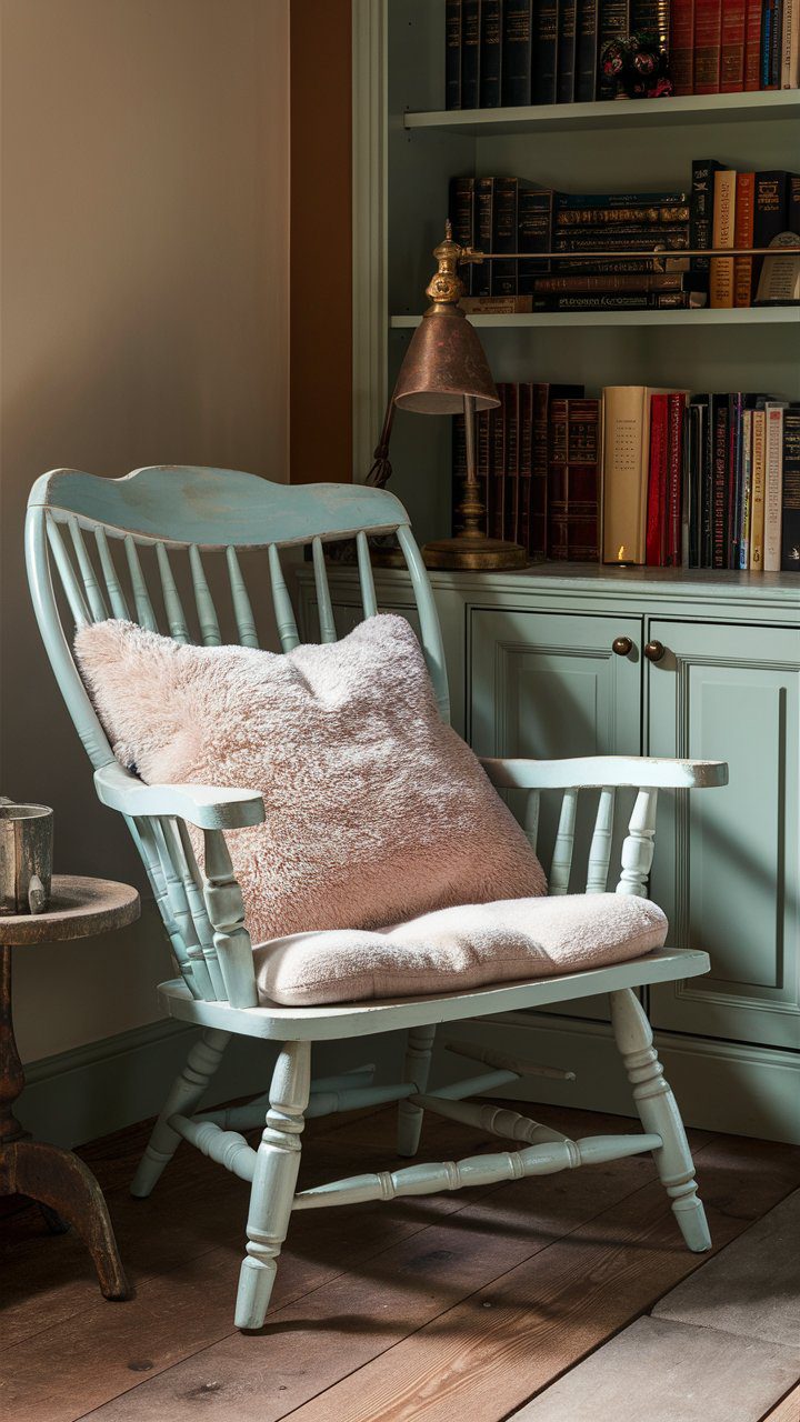 A cozy corner featuring a beautifully upcycled wooden chair painted in a soft, soothing pastel color, adorned with a plush cushion. The chair is positioned next to a rustic side table holding a vintage lamp, creating a charming reading nook. The backdrop includes a classic bookshelf filled with well-loved books and decorative trinkets, all set against a warm, earthy-toned wall.