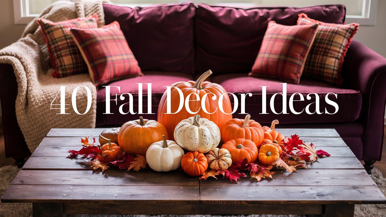 an enchanting autumn scene in a cozy living room setting. The room is bathed in soft, warm lighting that highlights a rustic wooden coffee table at the center. On the table, arrange a vibrant display of pumpkin centerpieces featuring a mix of orange, white, and speckled pumpkins of various sizes, nestled among scattered red and golden autumn leaves. Behind the table, a plush, deep burgundy sofa is adorned with several plaid throw pillows in shades of orange, red, and brown. Drape a thick, knitted throw blanket casually over one arm of the sofa, adding a touch of coziness. On either side of the sofa, place tall, rustic lanterns casting a soft glow, enhancing the inviting ambiance of the room. Above the mantel, hang a lush autumn wreath made of pinecones, berries, and a mix of fall foliage.