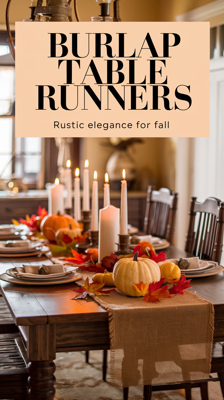 Add rustic elegance to your fall dining table with burlap table runners. Perfect for seasonal meals and gatherings.
