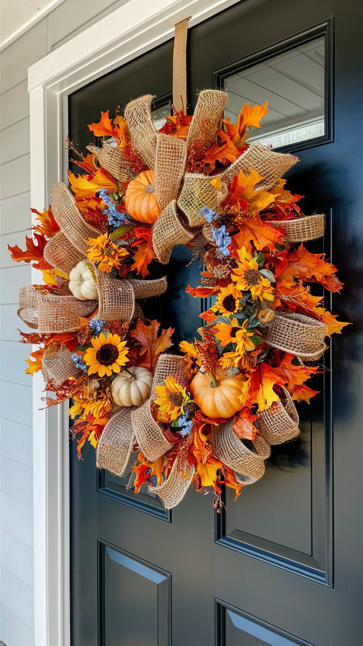 a vibrant hand make, remarkable autumn wreath hanging on a front door, creating a warm and inviting entryway. The wreath is richly adorned with a variety of fall-themed elements, including dried leaves in shades of orange and yellow, small pumpkins, and intricate loops of burlap ribbon that add a rustic touch. Interspersed among these are sunflowers and other small blue flowers, providing a delightful contrast to the predominant warm tones. The background features a modern farmhouse-style door painted in a deep charcoal color, with clean white siding around it that enhances the vivid colors of the wreath. This setup captures the essence of autumn, making it an ideal decorative focal point for the season.