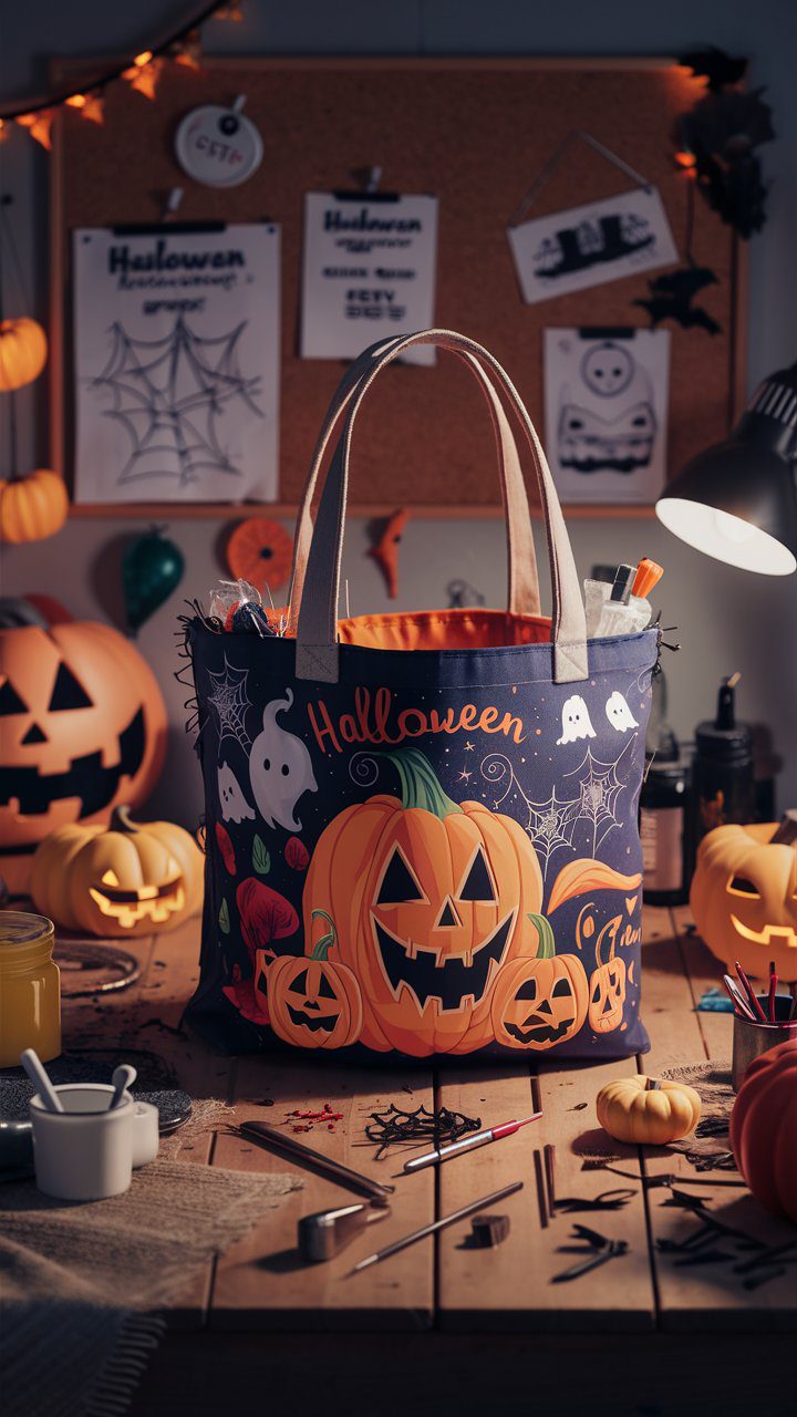 Create an enchanting and visually rich image that captures the essence of Halloween creativity on Etsy. The scene is a cozy, dimly-lit craft room with an array of Halloween products scattered around. In the foreground, a wooden table holds various crafting tools and materials like fabric, paint, and brushes. On the table, there's a nearly finished Halloween tote bag featuring a spooky, cute design with elements like pumpkins, ghosts, and spiderwebs. The background shows a cork board pinned with sketches and notes about product designs and Etsy SEO tips. The overall atmosphere is warm and inviting, with a soft glow of a desk lamp highlighting the details of the craft materials and the vibrant colors of the Halloween decorations.