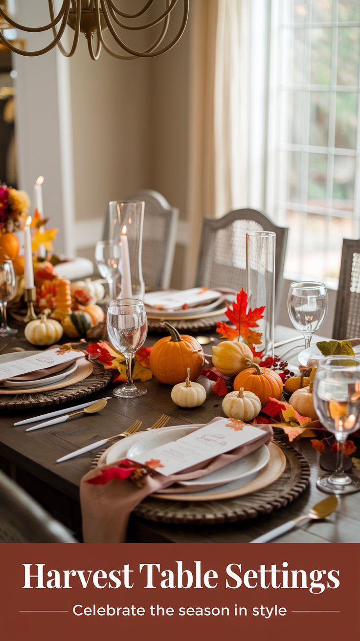 Create festive harvest table settings that celebrate the beauty of the season. Perfect for autumn gatherings and meals.