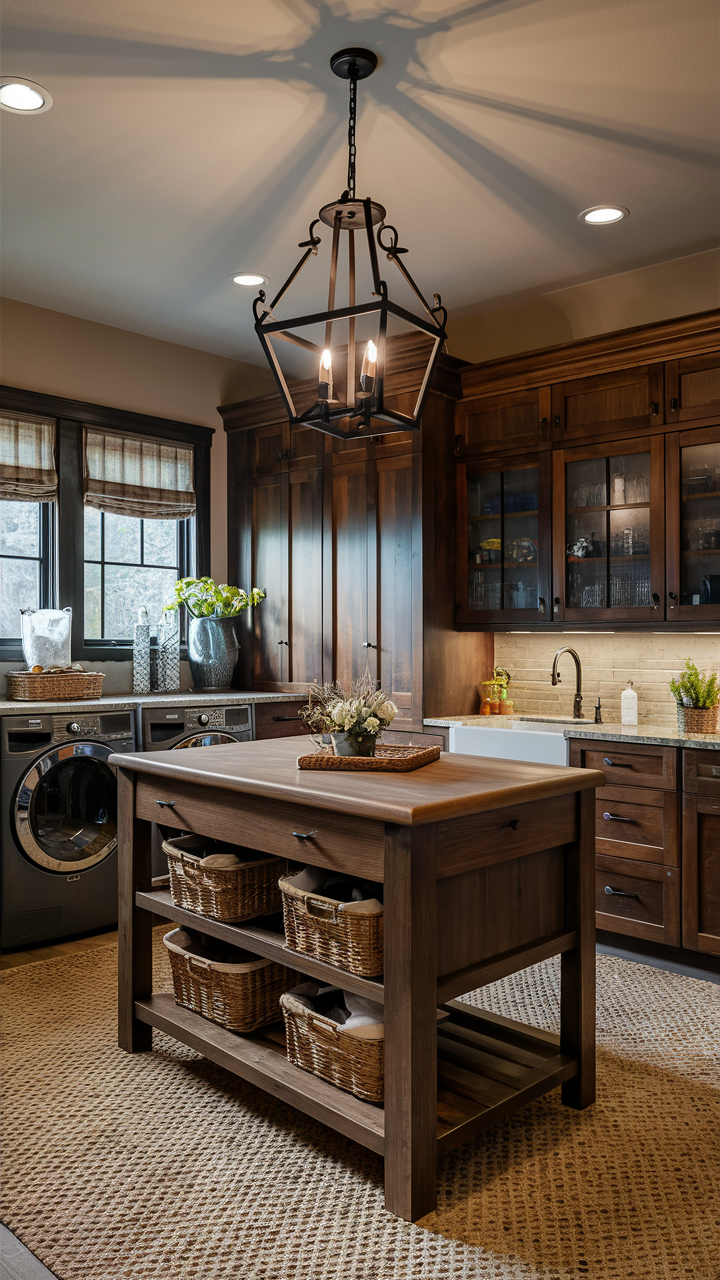 Consider adding a central island to enhance functionality if you have a spacious laundry room. A freestanding wood island provides additional countertop space and extra storage underneath. This setup offers more workspace and helps keep the room organized and clutter-free.