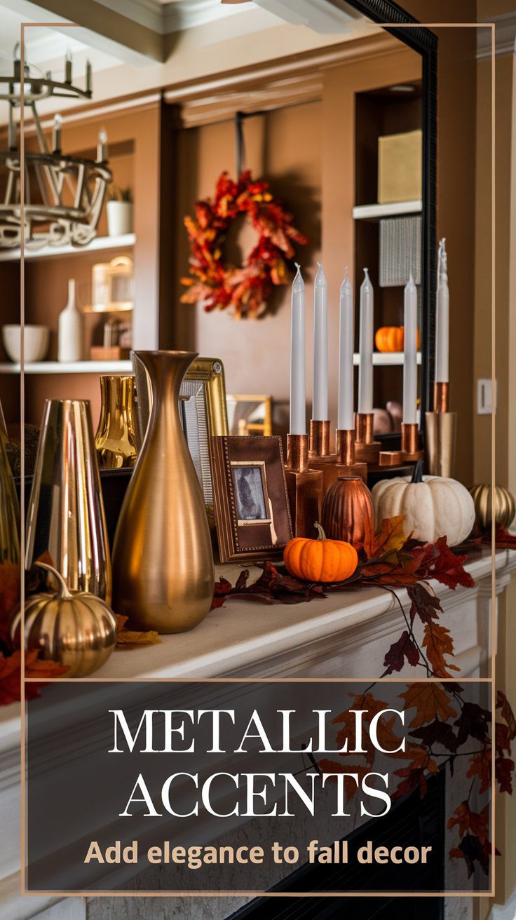 Gold and copper vases, candle holders, and picture frames arranged on a mantel, adding elegance to fall decor.