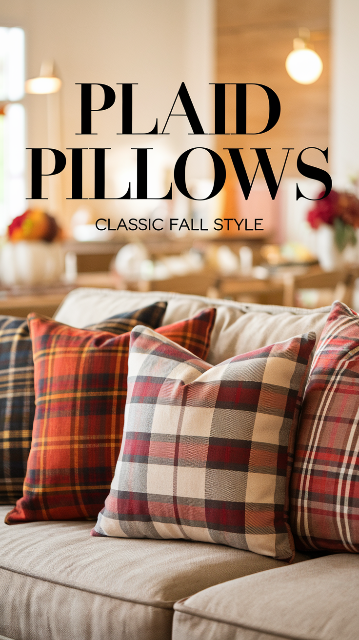 Update your living space with plaid pillows in fall colors for a classic, cozy look this season. Perfect for any home decor style.