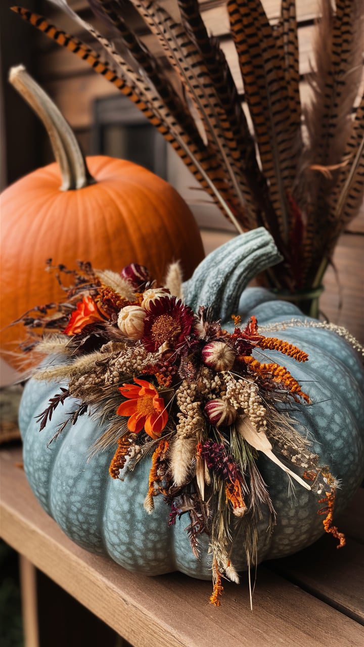 rustic autumnal centerpiece, skillfully arranged to evoke the essence of fall. The focal point is a large, uniquely blue-hued pumpkin, elegantly adorned with an array of dried botanicals, including vibrant orange and red flowers, seed pods, and various grasses
