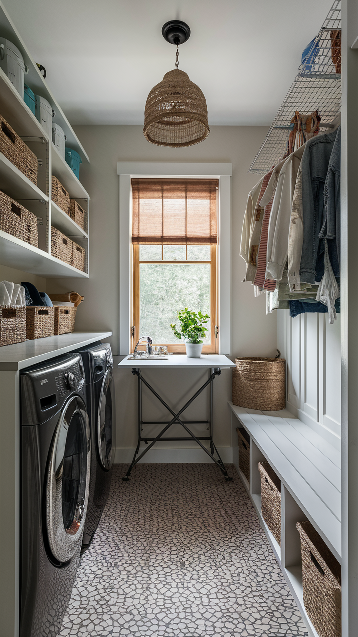 Maximize efficiency in compact laundry rooms with clever hacks. There is an open Fold-down table, a wall-mounted drying rack, benches with storage underneath, narrow rolling units alongside the washer or dryer.Storage bins or baskets that slide on top of the washer and dryerShelving units that can be placed next to the machinesHanging organizers that can be attached to the wall or the side of the machines