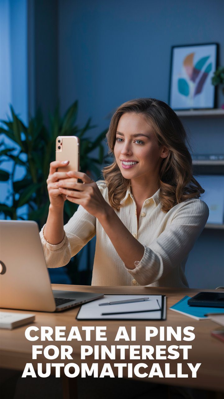 a beautiful woman is at home in her comy office with pinterest open on her laptop and she is taking a picture of an outfit with her phone. a bold text overlay says "Create AI Pins for Pinterest Automatically".