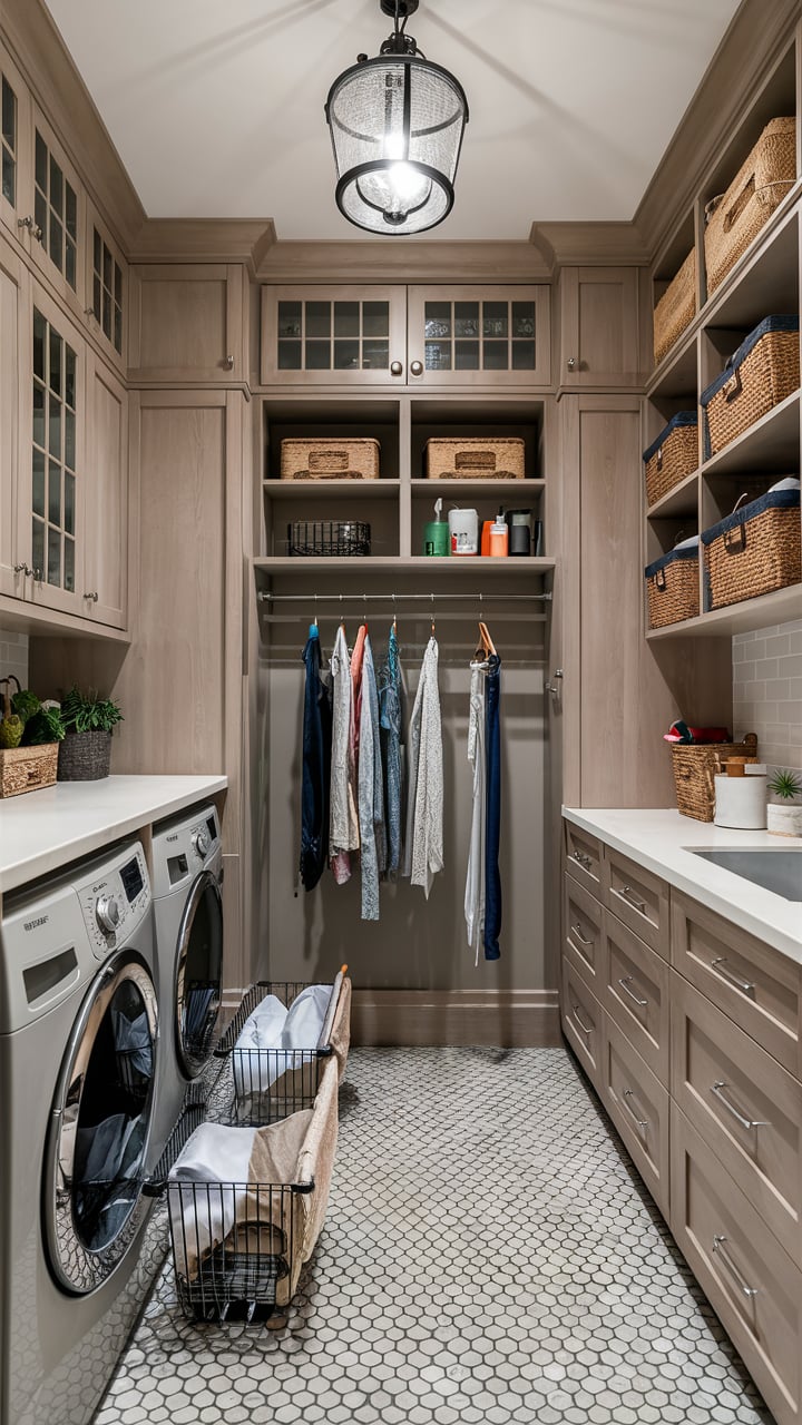 Effective storage solutions are key to an organized laundry room. Custom cabinetry can maximize space, hide clutter, and maintain clean lines. Built-in cabinets are perfect for storing extra laundry supplies, keeping everything neat and accessible. Shelving systems over the washer and dryer create functional areas for folding and sorting.