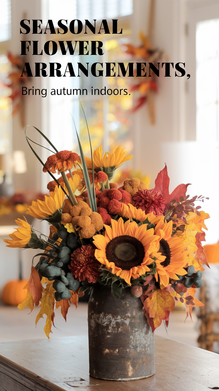 Brighten up your home with seasonal flower arrangements featuring autumnal blooms. Perfect for adding color and life to your decor.