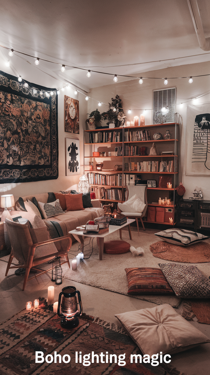 A boho room illuminated by string lights, lanterns, and candles, creating a warm, inviting glow. Text overlay: "Boho Lighting Magic"