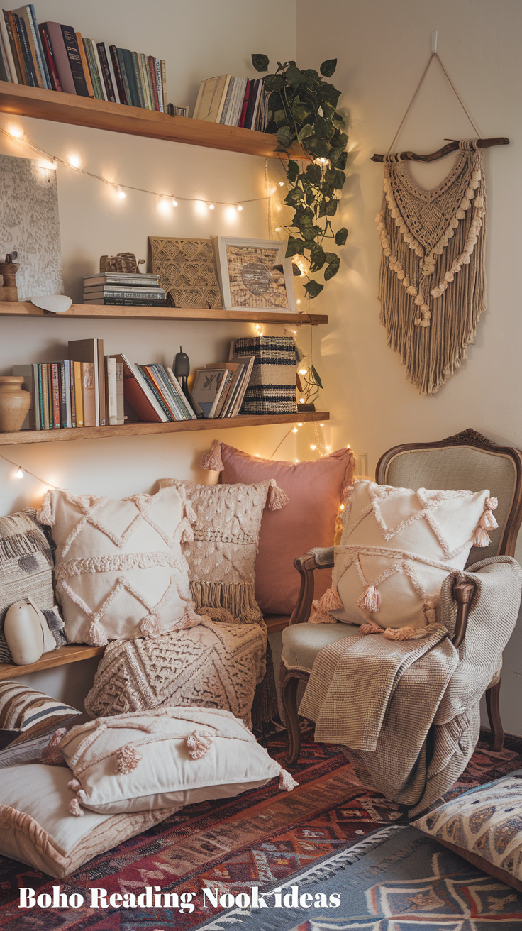 A snug reading nook filled with cushions, throws, and books, all in a warm boho style. Text overlay: "Boho Reading Nook Ideas"