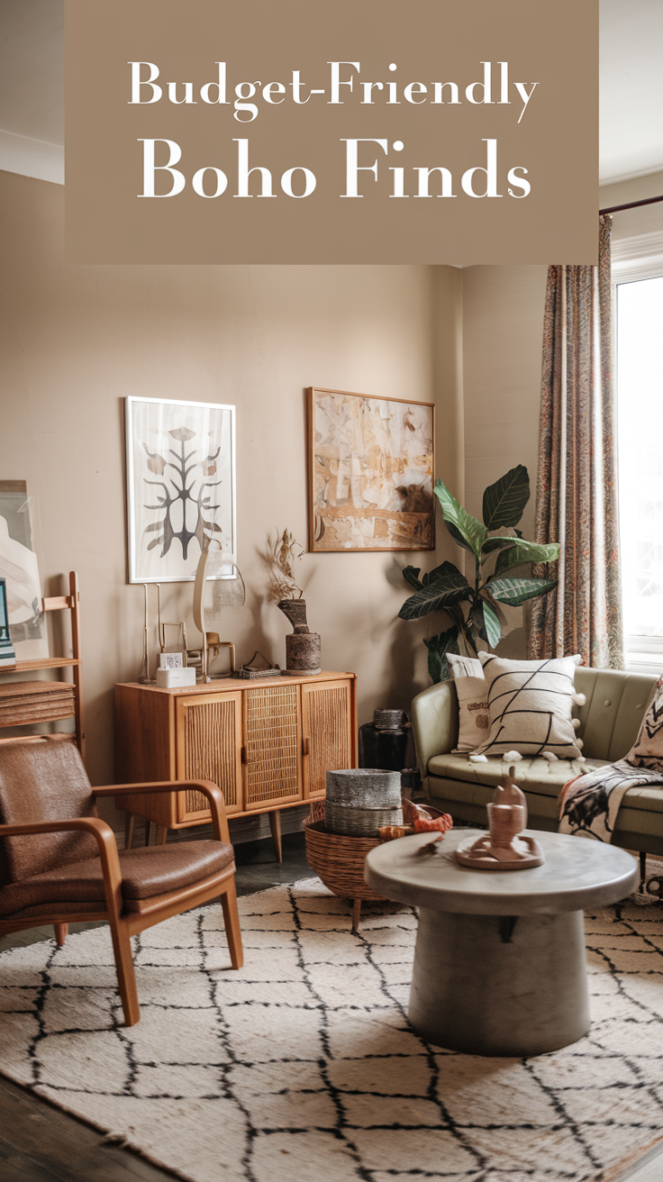 A cozy boho room showcasing a mix of vintage furniture and eclectic decor, all sourced from thrift stores. Text overlay: "Budget-Friendly Boho Finds