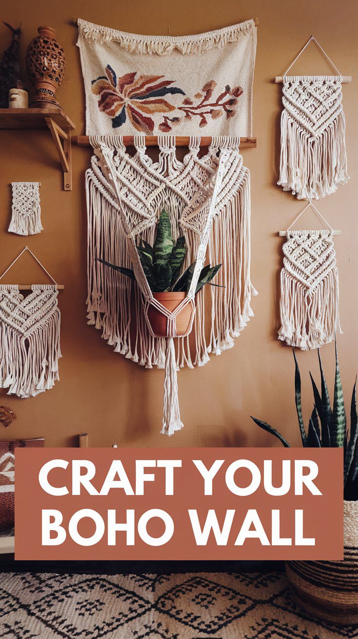A wall decorated with macramé and woven tapestries, all crafted by hand. Text overlay: "Craft Your Boho Walls"