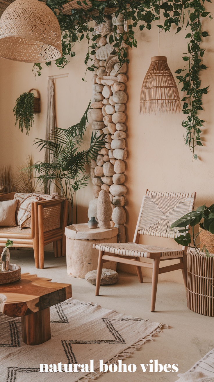 A boho-inspired space with natural elements like wooden furniture, stone decor, and rattan accents. Text overlay: "Natural Boho Vibes"