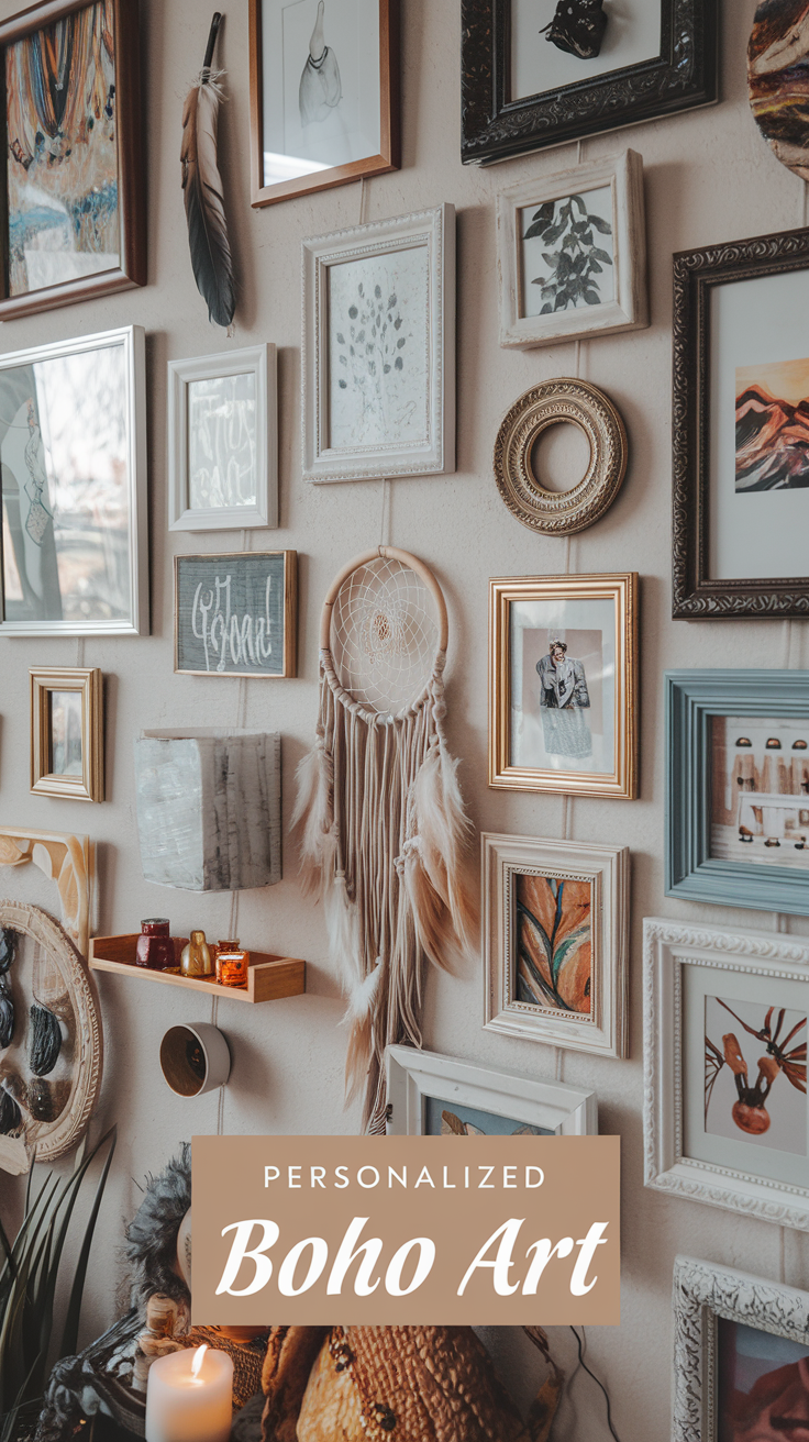 A boho-inspired gallery wall filled with eclectic art, photos, and meaningful objects. Text overlay: "Personalized Boho Art"