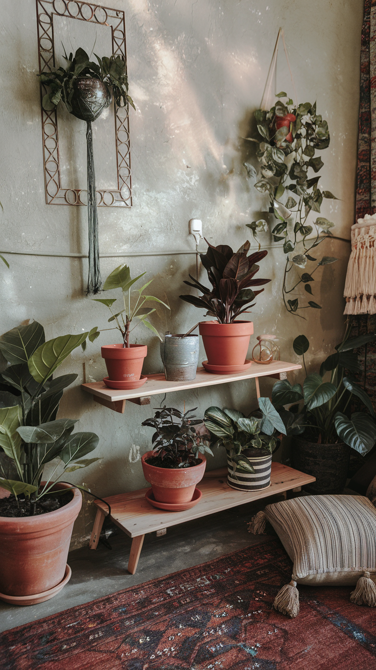 A boho-inspired room filled with a variety of houseplants, displayed in unique planters. Text overlay: "Boho Greenery on a Budget
